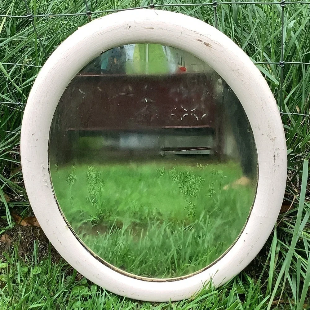 Antique Vintage Cottagecore Blush Pink Oval Wood Mirror